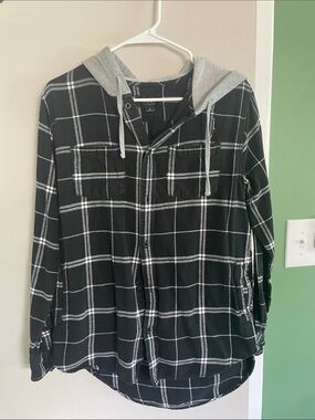 Black and White Plaid Hooded Button-Up Shirt